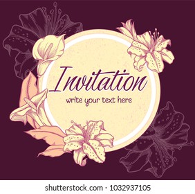 Vector hand drawn romantic floral invitation.Textured cycle with purple  lilies,callas in line art style.Invite isolated on white background.sketchy hand drawn flowers decoration greeting card.