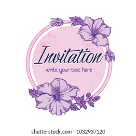 Vector hand drawn romantic floral invitation. Simple textured cycle with exotic hibiscus flower in line art style.Invite isolated on white background. sketchy hand drawn  decoration on greeting card. 