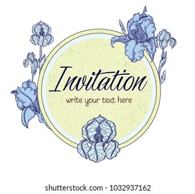 Vector hand drawn romantic floral invitation.Textured cycle with  iris flowers in line art style.Invite isolated on white background.sketchy hand drawn irises decoration on greeting card