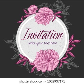 Vector hand drawn romantic floral invitation.Textured cycle with  peony flowers in line art style.Invite isolated on white background.sketchy hand drawn peonies decoration greeting card