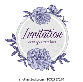 Vector hand drawn romantic floral invitation.Textured cycle with  peony flowers in line art style.Invite isolated on white background.sketchy hand drawn peonies decoration greeting card