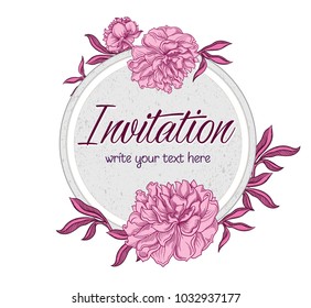 Vector hand drawn romantic floral invitation.Textured cycle with  peony flowers in line art style.Invite isolated on white background.sketchy hand drawn peonies decoration greeting card