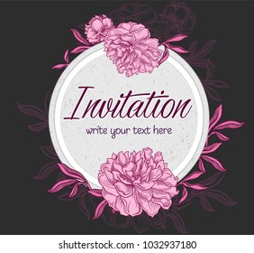 Vector hand drawn romantic floral invitation.Textured cycle with  peony flowers in line art style.Invite isolated on white background.sketchy hand drawn peonies decoration greeting card