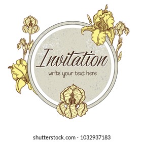 Vector hand drawn romantic floral invitation.Textured cycle with  iris flowers in line art style.Invite isolated on white background.sketchy hand drawn irises decoration on greeting card