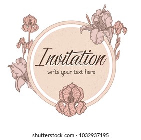Vector hand drawn romantic floral invitation.Textured cycle with  iris flowers in line art style.Invite isolated on white background.sketchy hand drawn irises decoration on greeting card