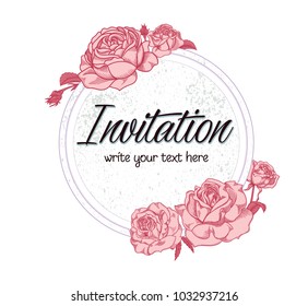Vector hand drawn romantic floral invitation.Textured cycle with rose flowers in line art style.Invite isolated on white background. sketchy hand drawn roses decoration on greeting card.