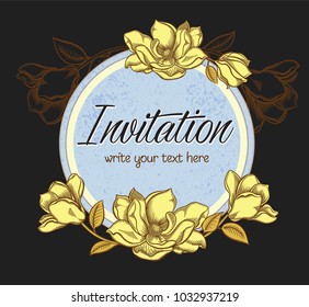 Vector hand drawn romantic floral invitation.Textured cycle with apple blossom flowers in line art style.Invite  background.sketchy hand drawn apple blossom decoration greeting card.