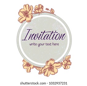 Vector hand drawn romantic floral invitation.Textured cycle with apple blossom flowers in line art style.Invite isolated on white background.sketchy hand drawn apple blossom decoration greeting card.