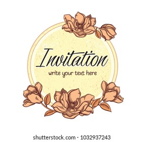 Vector hand drawn romantic floral invitation.Textured cycle with apple blossom flowers in line art style.Invite isolated on white background.sketchy hand drawn apple blossom decoration greeting card.
