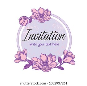 Vector hand drawn romantic floral invitation.Textured cycle with apple blossom flowers in line art style.Invite isolated on white background.sketchy hand drawn apple blossom decoration greeting card.