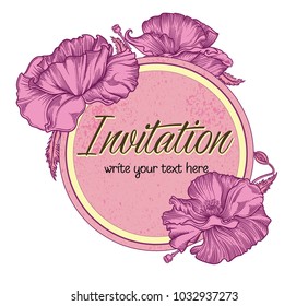 Vector hand drawn romantic floral invitation.Textured cycle with poppy flowers in line art style.Invite isolated on white background.sketchy hand drawn poppy decoration greeting card.