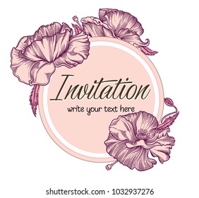 Vector hand drawn romantic floral invitation.Textured cycle with poppy flowers in line art style.Invite isolated on white background.sketchy hand drawn poppy decoration greeting card. 
