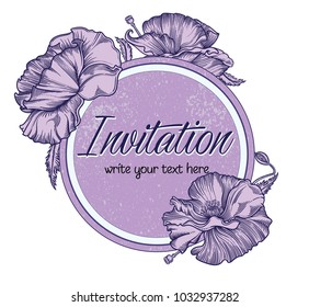 Vector hand drawn romantic floral invitation.Textured cycle with poppy flowers in line art style.Invite isolated on white background.sketchy hand drawn poppy decoration greeting card.