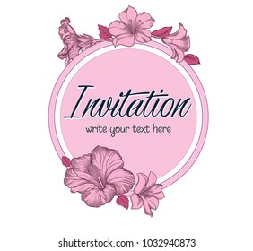 Vector hand drawn romantic floral invitation. Simple textured cycle with exotic hibiscus flower in line art style.Invite isolated on white background. sketchy hand drawn  decoration on greeting card. 