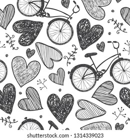 Vector hand drawn romantic seamless pattern. Bicycles, hearts doodle style, black and white vintage background. Wedding, valentines day, love