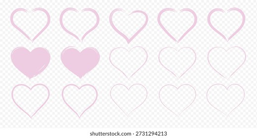Vector dibujado a mano Formas románticas en estilo de boceto que muestran diferentes trazos y patrones de relleno. Garabato símbolos de amor para San Valentín. Plantillas de doodle del día de San Valentín. Diverso cepillo, tinta del marcador de la tiza