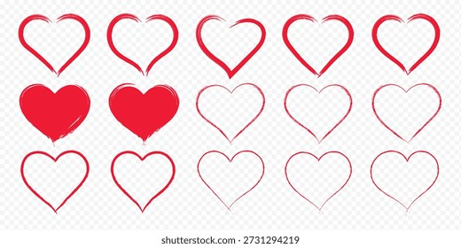 Mão vetor desenhou formas românticas no estilo de esboço mostrando diferentes traçados e padrões de preenchimento. Rabiscar símbolos de amor para o cartão. Modelos de rabiscos de dia dos namorados. Pincel diverso, tinta com marcador de giz