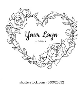 Vector hand drawn rose wreath in heart shape illustration. Great for logo, company branding, greeting, wedding and valentine cards