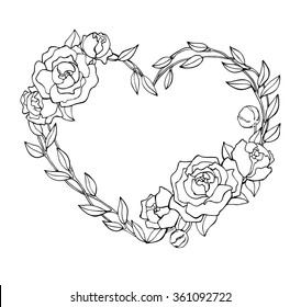 Vector hand drawn rose wreath in heart shape illustration. Great for logo, company branding, greeting, wedding and valentine cards