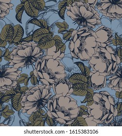 Vector hand drawn roses and dragonfly. vintage