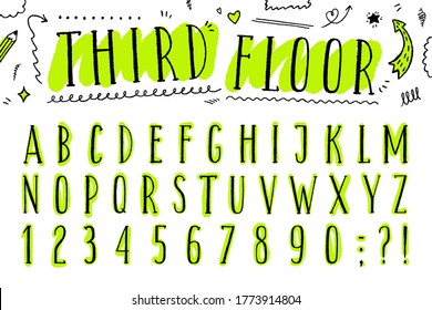 vector hand drawn rough latin narrow uppercase font, lettering with bright acid green brush stroke and hand drawn elements
