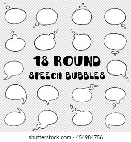 Vector hand drawn round bubbles to talk on transparent background. Sketch balloons for text thoughts or ideas. Frames of the doodle lines for speech, dialogues, conversations or communications