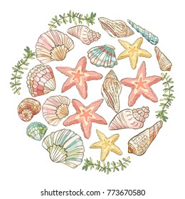 Vector hand drawn round composition with shells and starfish. Vector illustration