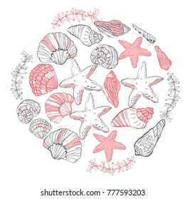 Vector hand drawn round composition with shells and starfish. Vector illustration