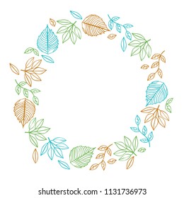 Vector hand drawn round frame with pastel colored leaves isolated on white background