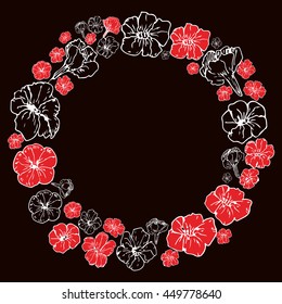 Vector hand drawn round petunia frame isolated on black. Decoration for different places and invitations, design element for postcard and stationery. 