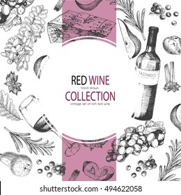 Vector hand drawn round template illustration of wine and appetizers. Bottle, glass, corksrew, cheese, fruits ans spices. Vintage engraved style art. For restaurant, menu, shop, market, sale. 