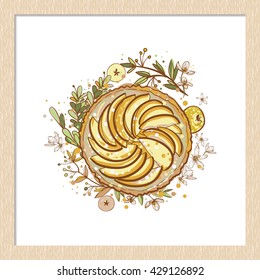 Vector hand drawn rustic apple pie logo. Cute artistic decoration for bakery menu background, market, shop, cafe design in watercolor style. Isolated art on white background.