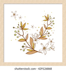 Vector hand drawn rustic branch flowers . Cute artistic decoration for bakery menu background, market, shop, cafe design in watercolor style. Isolated art on white background.