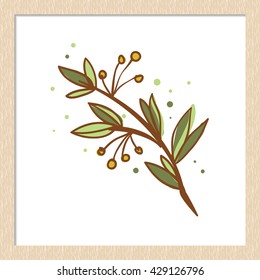 Vector hand drawn rustic green branch. Cute artistic decoration for bakery menu background, market, shop, cafe design in watercolor style. Isolated art on white background.