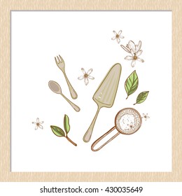Vector hand drawn rustic kitchen tools. 