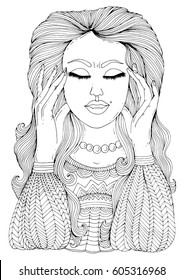 Vector hand drawn sad girl suffering from head pain in temples and stress. Headache migraine and stress. Pattern for coloring book A4 size.