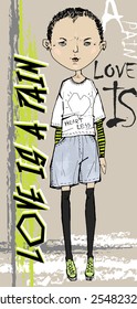 vector hand drawn sad stylish girl in boyish clothes with slogan "love is a pain" 