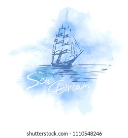 Vector hand drawn sailing ship on blue watercolour background.