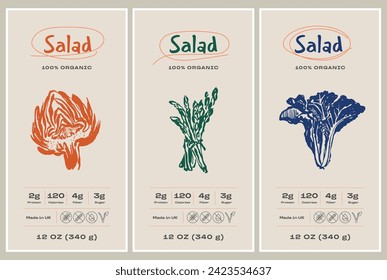 Vector hand drawn salad packaging label design template set for cafe or restaurant