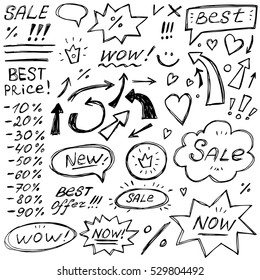 Vector hand drawn sale set. Sketch discount  elements