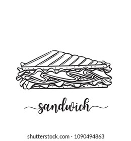 Vector Hand Drawn Sandwich Badge Icon. Illustration Fast Food For Cafe Menu Design.