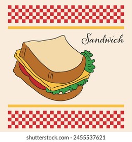 Vector of hand drawn sandwich on checker BG. Menu design. Delicious food illustration. Foodie object icon isolated flat cartoon style. Appetizing bread with tomato, cheese, lettuce. Tasty baker logo.