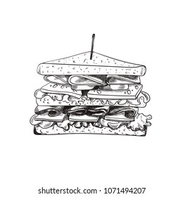 Vector Hand Drawn Sandwich with a Teethpick, Doodle Freehand Drawing, Isolated on White Background Food.