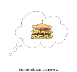 Sándwich dibujado a mano vectora en una nube de pensamiento aislado en fondo blanco, ilustración colorida, icono de comida rápida.