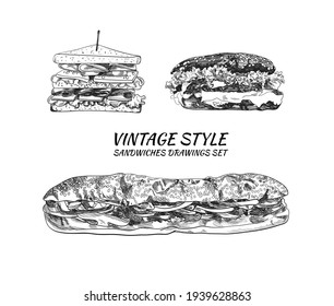 Vector Hand Drawn Sandwiches, Fast Food Illustrations Set, Drawings Isolated on White Background, Different Sandwiches and Burgers.