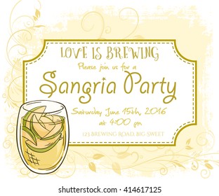 vector hand drawn sangria party invitation card, vintage frame, glass and leaves.