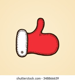 Vector hand drawn Santa Claus mitten illustration, thumb up icon