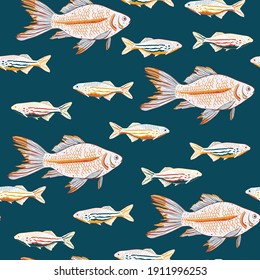 Vector hand drawn sardines and gold fishes seamless pattern print background.