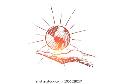 Vector hand drawn Save planet concept sketch. Little shining globe in caring human hand.