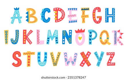 Vector Hand drawn Scandinavian Funny Kids Font. English Aztec Ethnic Alphabet. Folk Script. Decorative ABC Letters Set. Typeface Design.